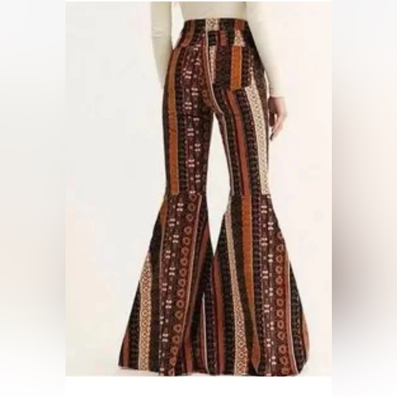 Free People Just Float On Flare Jean Corduroy Print Stripe Black Brown Tan - Picture 6 of 6